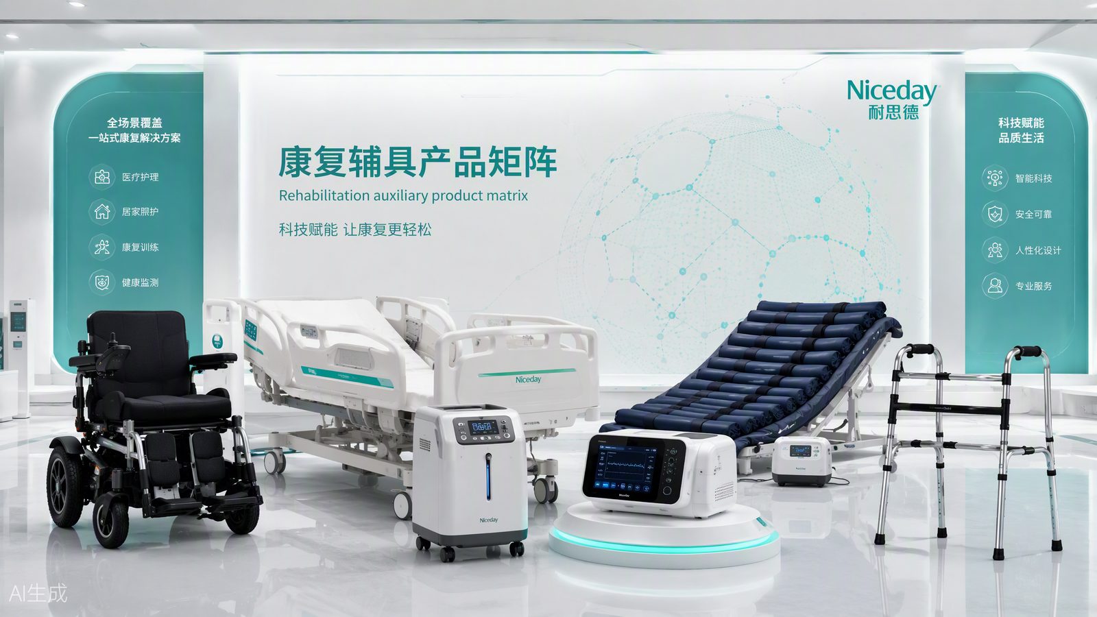 康复辅具产品矩阵：轮椅、护理床、制氧机、防褥疮床垫、助行器