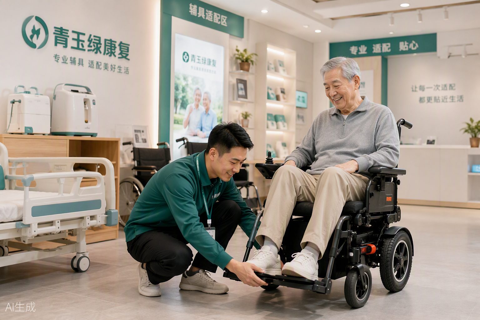 康复顾问在门店为老人调整轮椅